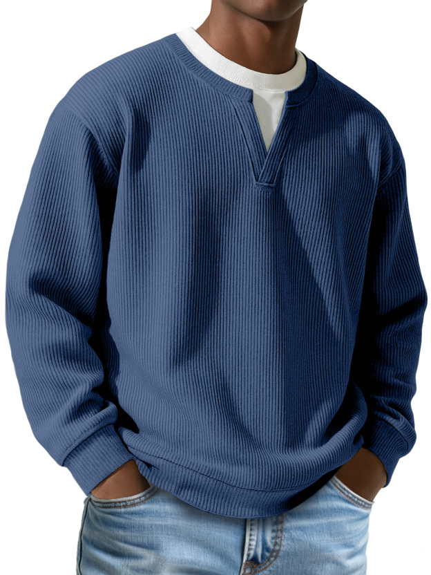 Men's Daily Vertical Pit V-neck Fake Two-piece Round Neck Long-sleeved T-shirt