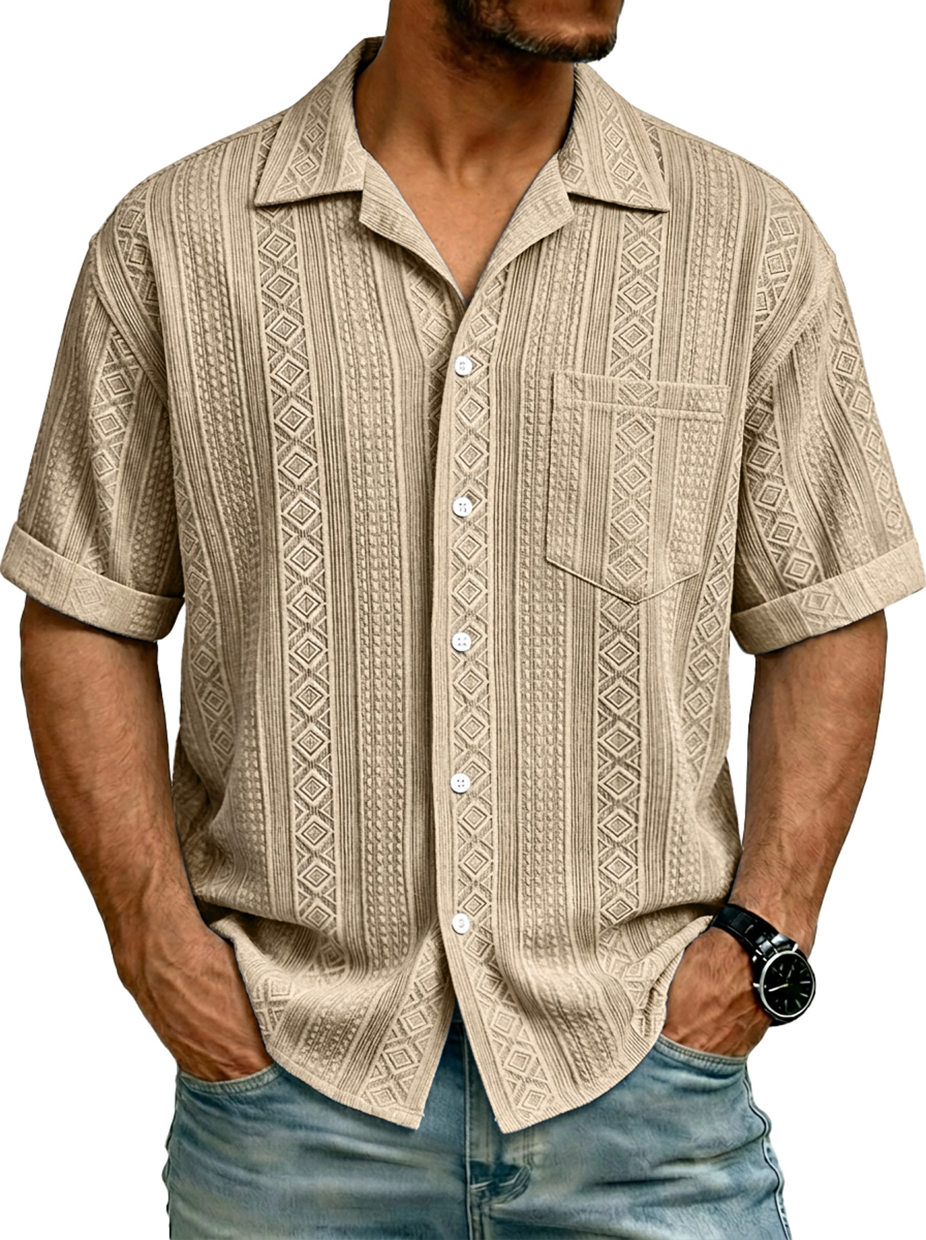 Men's Simple Textured Pocket Casual Short-Sleeve Shirt