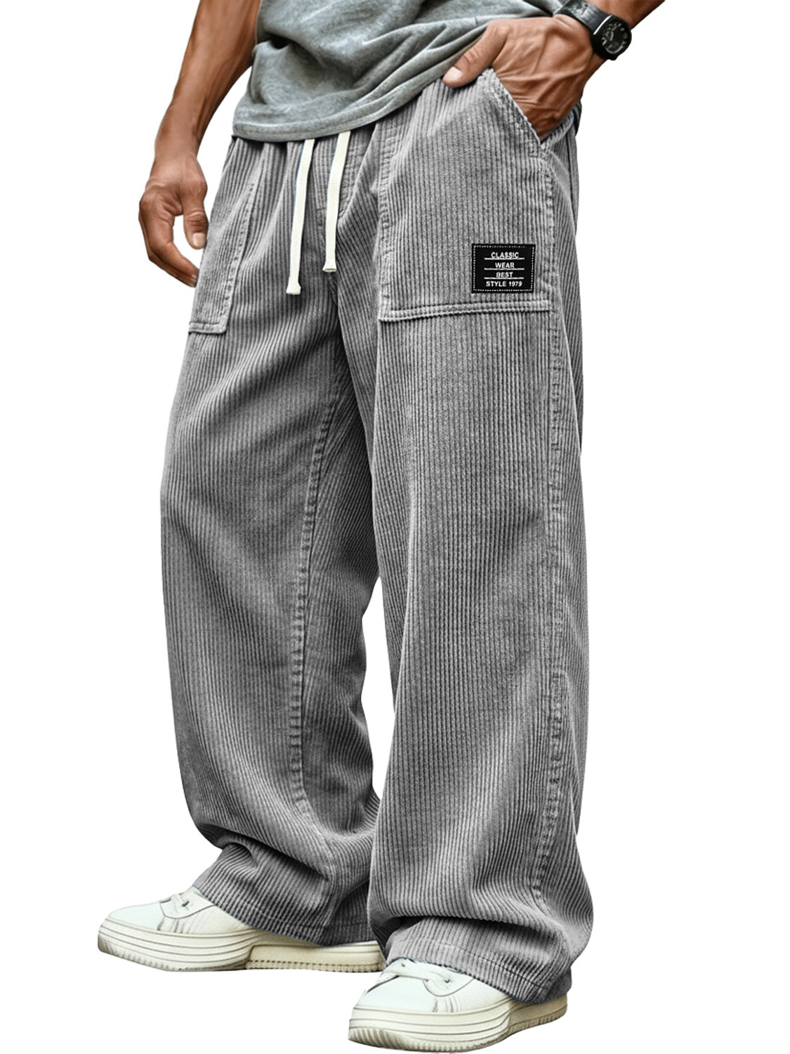 Men's Retro Corduroy Patch Pocket Embroidered Logo Casual Cargo Pants