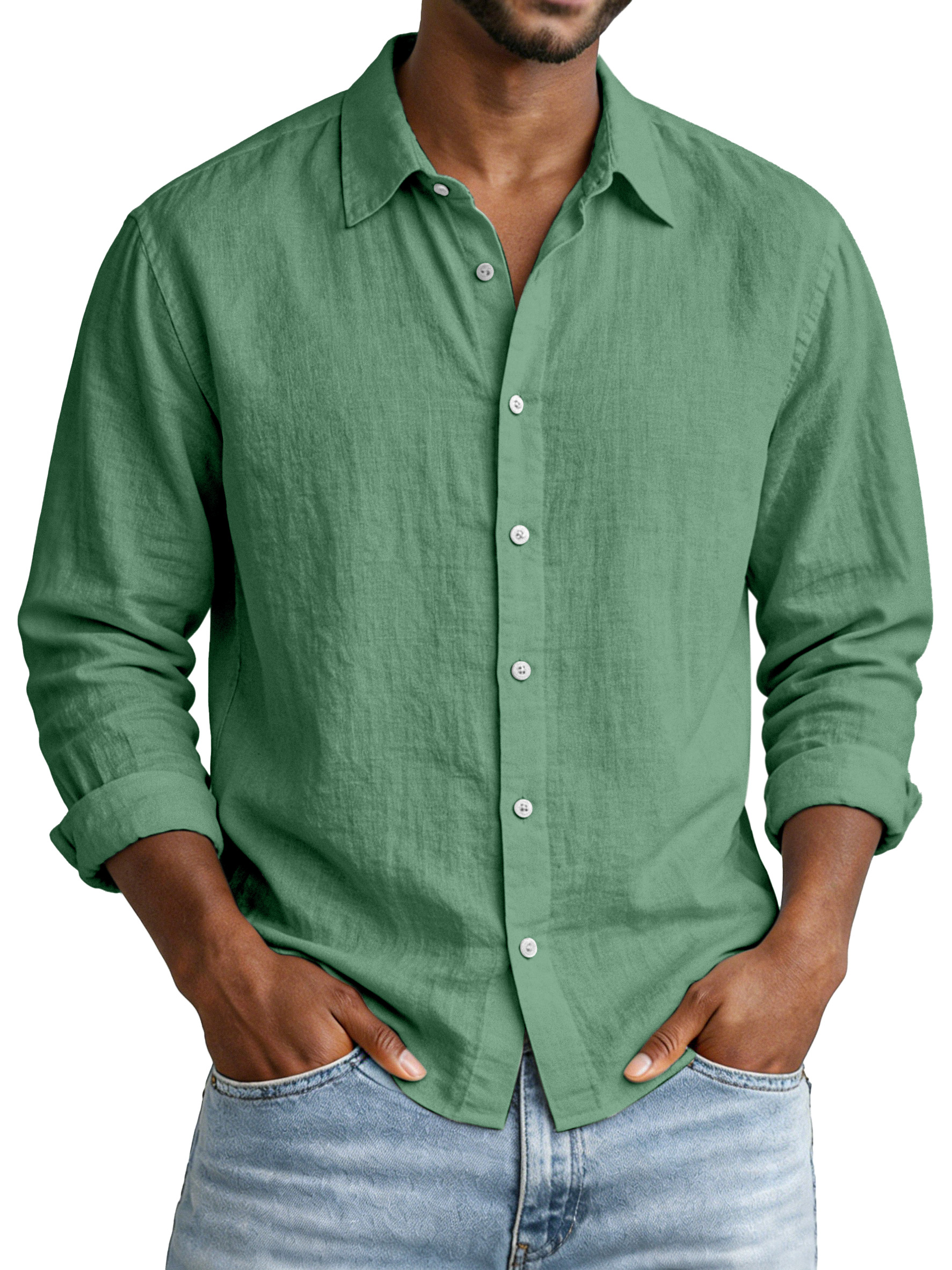 Everyday Simple Solid Color Cotton and Linen Lapel Long-Sleeved Shirt