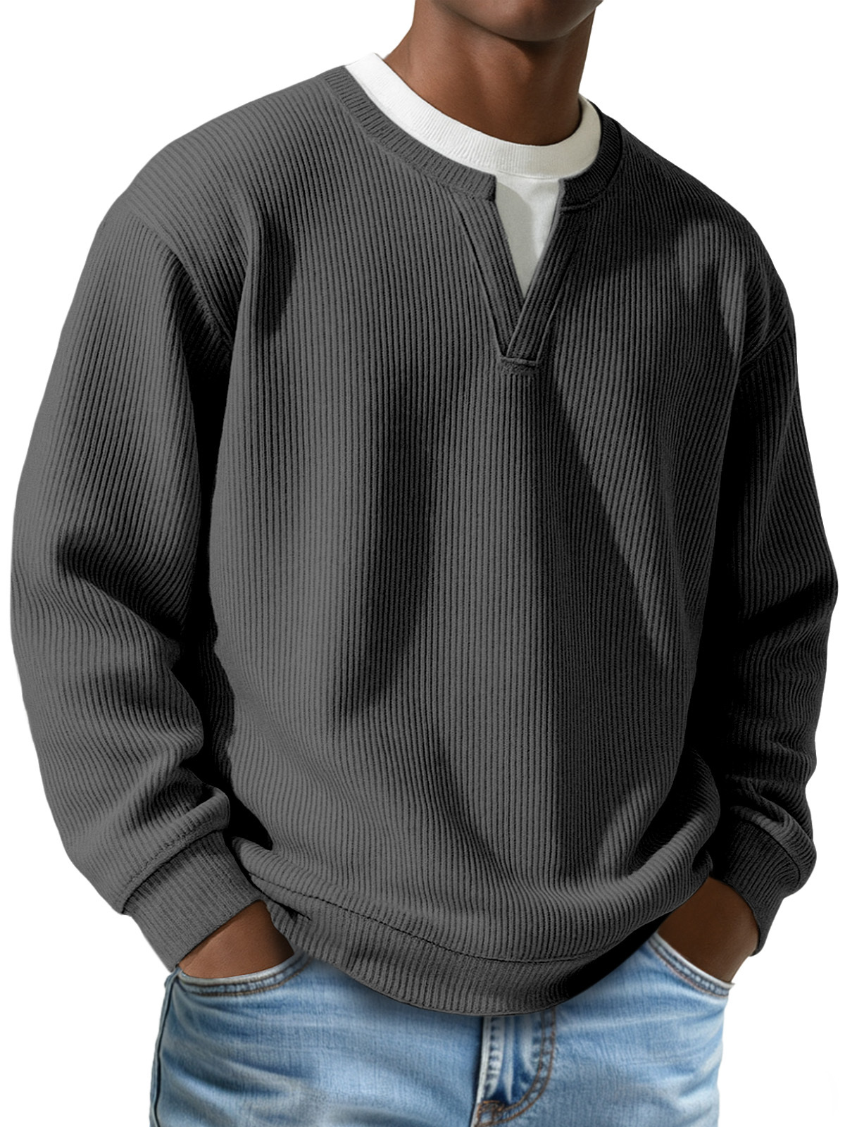 Men's Daily Vertical Pit V-neck Fake Two-piece Round Neck Long-sleeved T-shirt