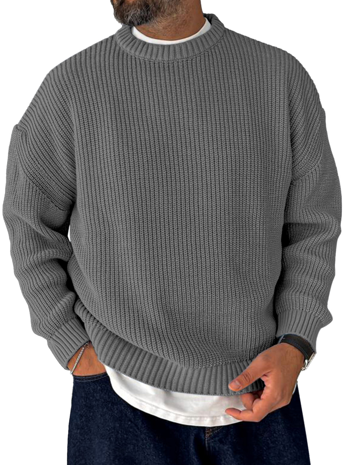 Men's Korean Style Loose Casual Retro Trendy Knitted Sweater Crew Neck Top