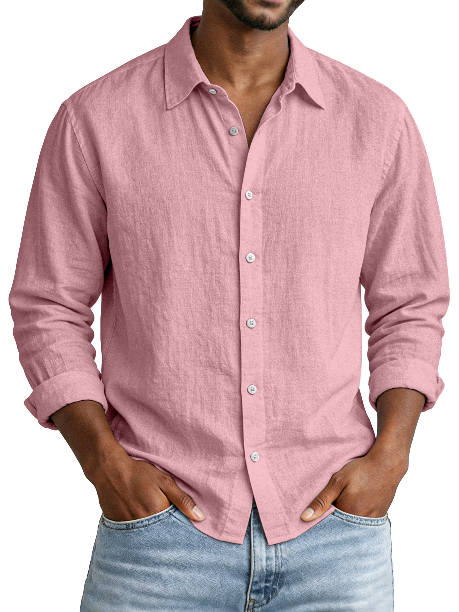 Everyday Simple Solid Color Cotton and Linen Lapel Long-Sleeved Shirt