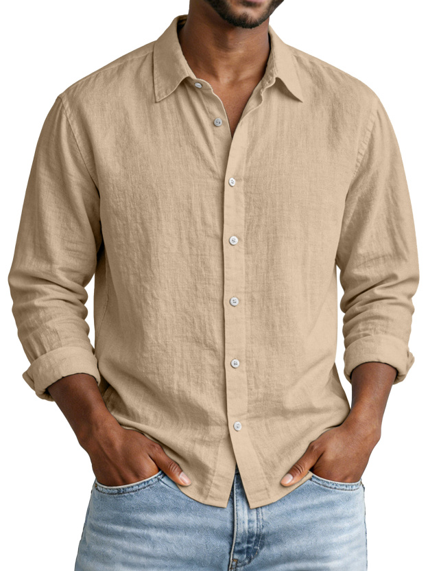 Everyday Simple Solid Color Cotton and Linen Lapel Long-Sleeved Shirt