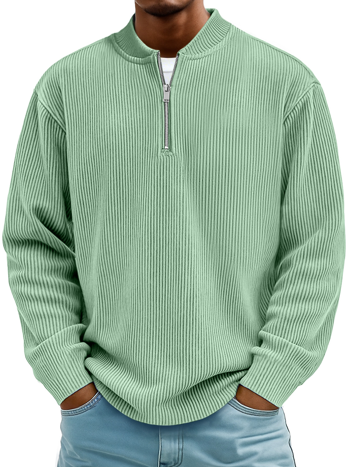 Men's Daily Striped Baseball Collar Zipper Casual Long Sleeve T-shirt