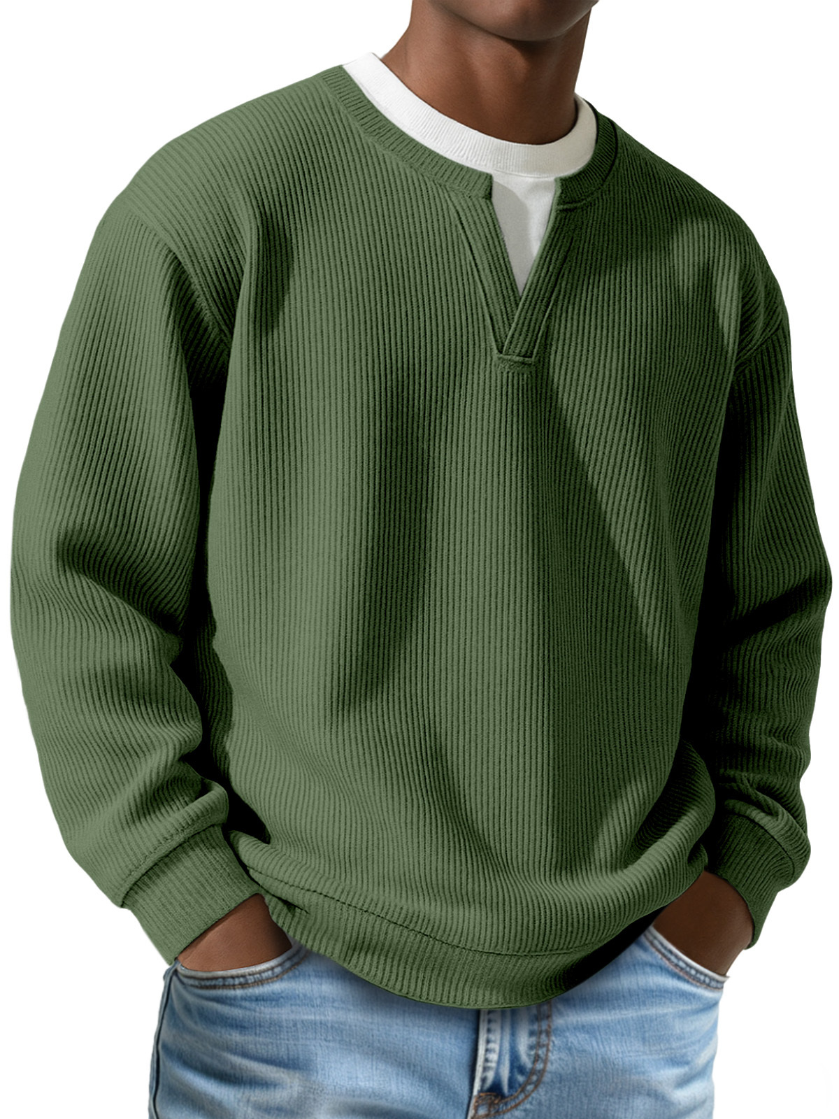 Men's Daily Vertical Pit V-neck Fake Two-piece Round Neck Long-sleeved T-shirt