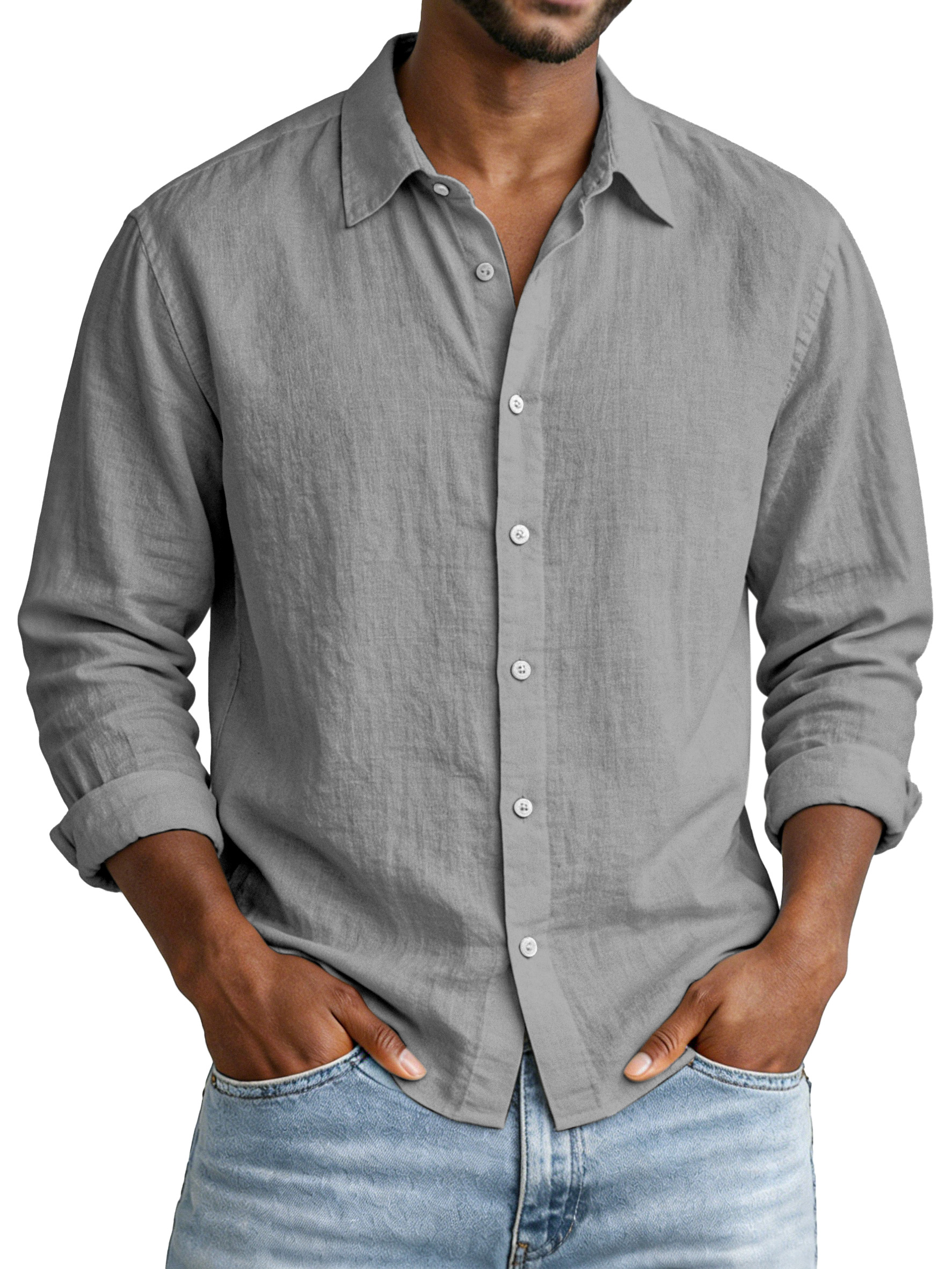 Everyday Simple Solid Color Cotton and Linen Lapel Long-Sleeved Shirt