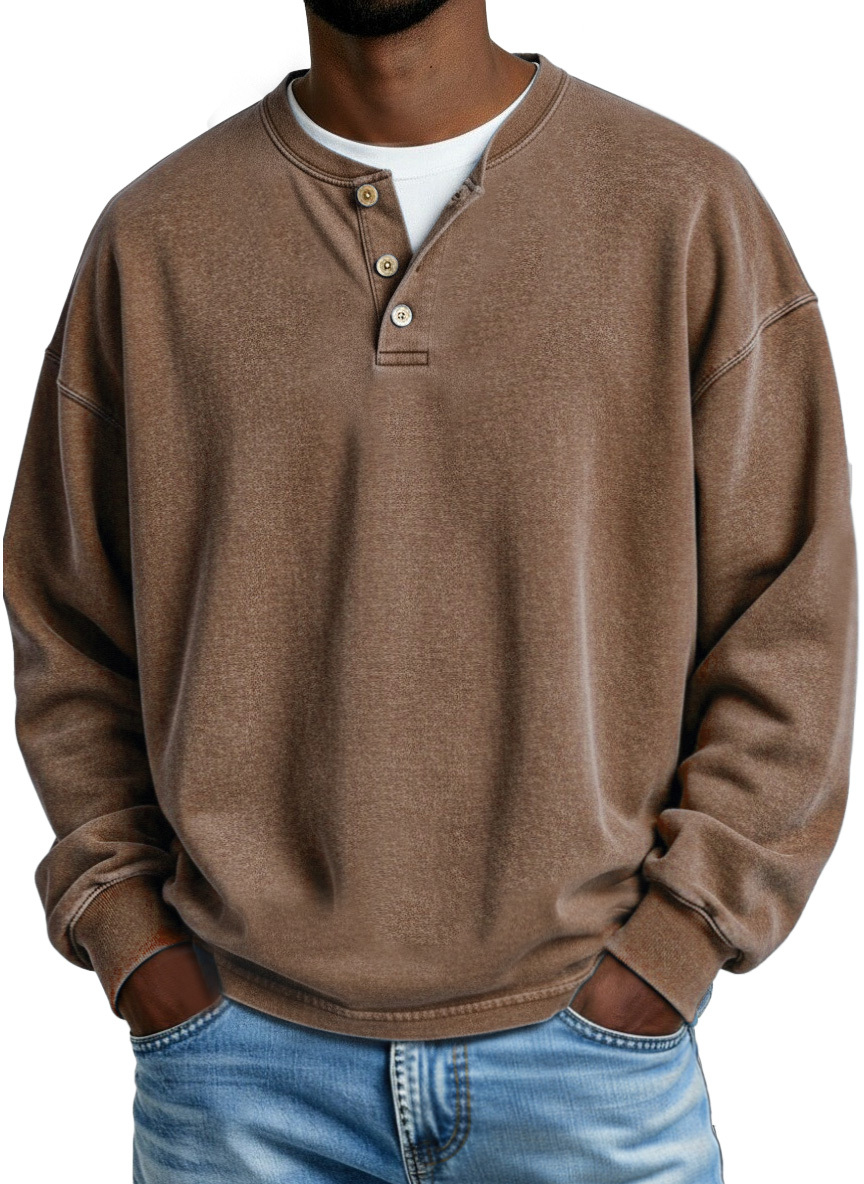 Retro Solid Color Simple Button Long Sleeve Polo Shirt