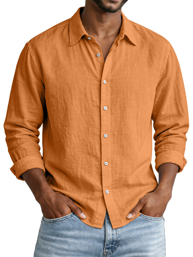 Everyday Simple Solid Color Cotton and Linen Lapel Long-Sleeved Shirt
