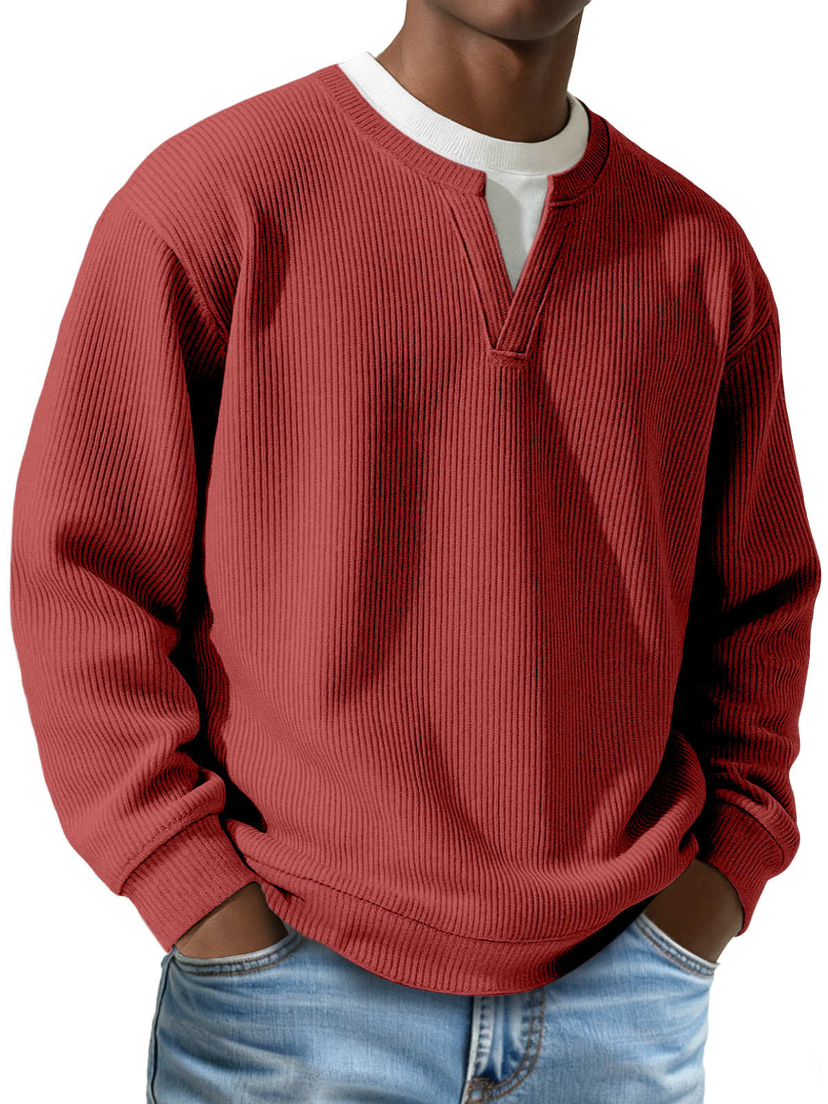 Men's Daily Vertical Pit V-neck Fake Two-piece Round Neck Long-sleeved T-shirt