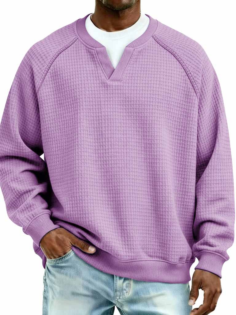 Men's Fashion Waffle Fabric Raglan V-Neck Faux Two-Piece Long-Sleeve T-Shirt