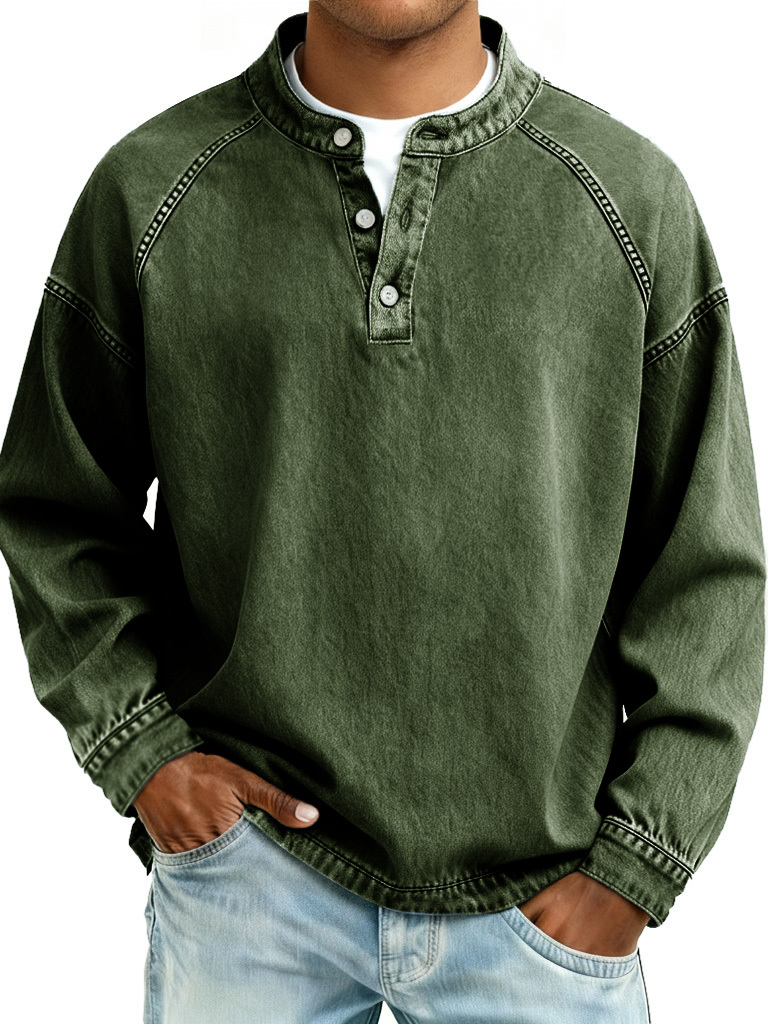 Men's Retro Fashion Distressed Raglan Sleeve Stand Collar Long-Sleeve Henley Shirt