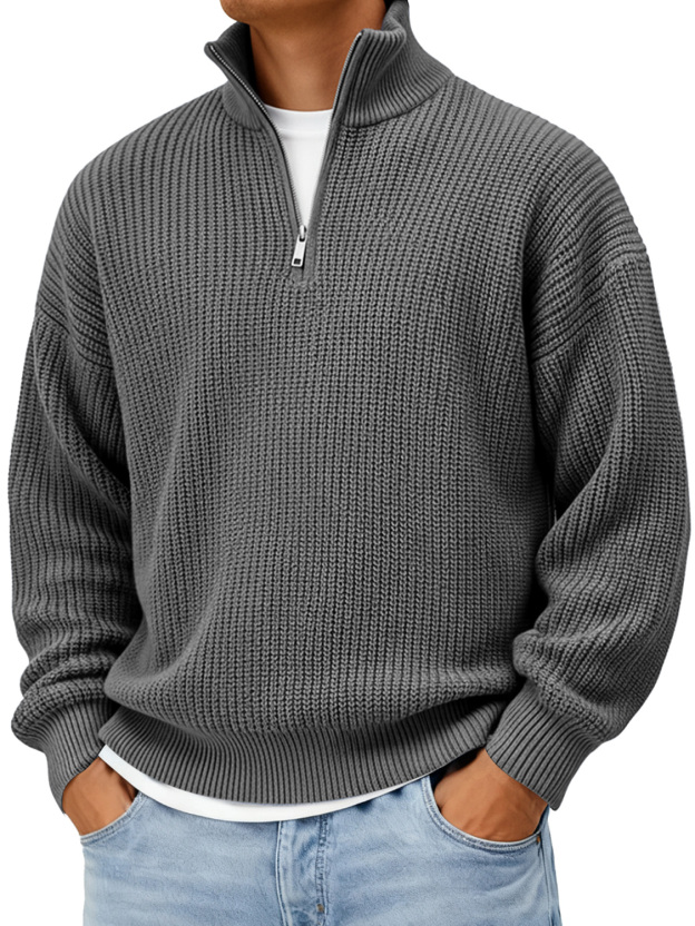 Men's Loose Stand-up Collar Zip-up Knit Solid Color Sweater