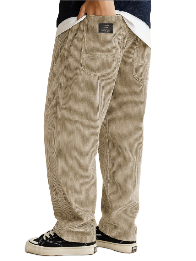 Men's Stylish Everyday Corduroy Ribbed Fabric Pants With Loose-fitting Drawstring Waist And Embroidered Logo