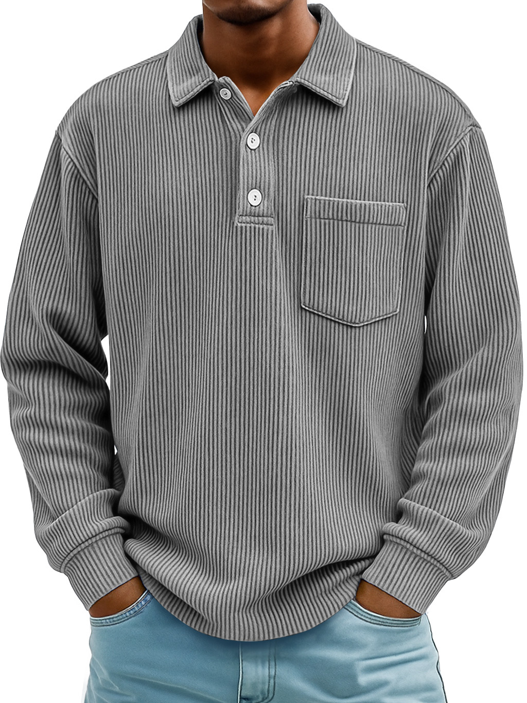 Men's Daily Ribbed Lapel Button-down Casual Pocket Long-sleeved Polo Shirt