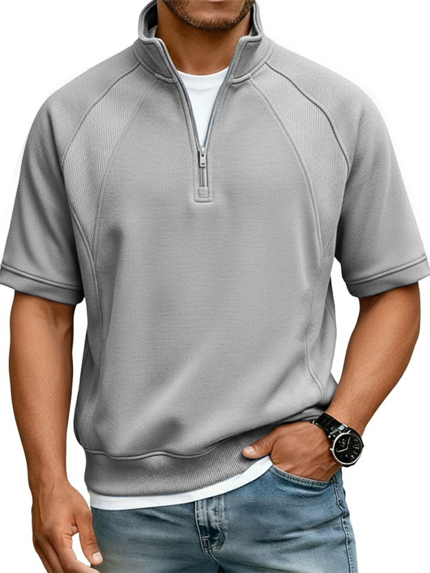 Men's Casual Deconstructed Design Stand Collar Zipper Short Sleeve T-Shirt