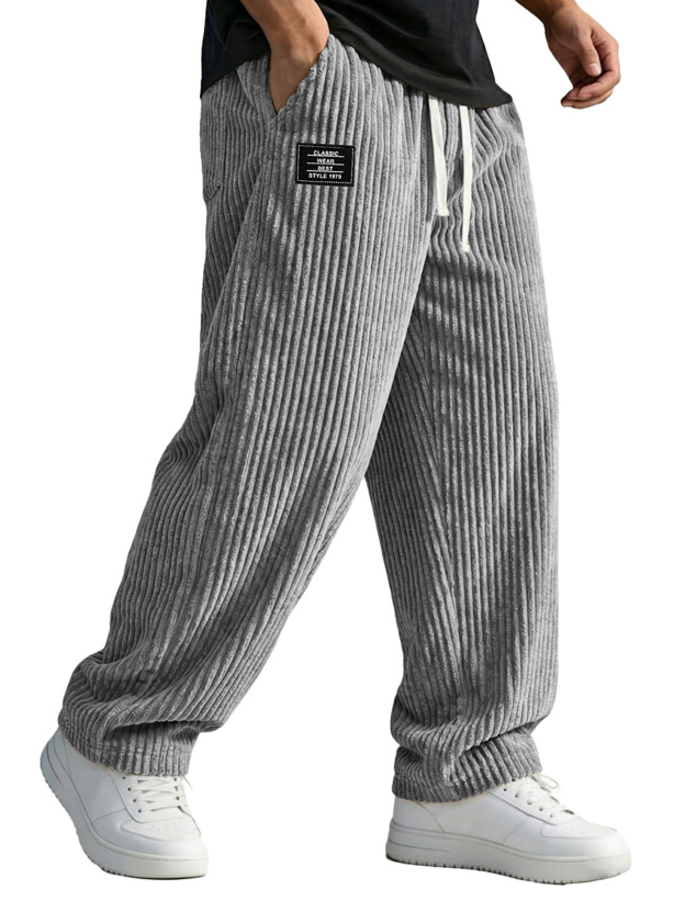 Men's Corduroy Casual Trousers With Embroidered Logo And Elastic Waistband