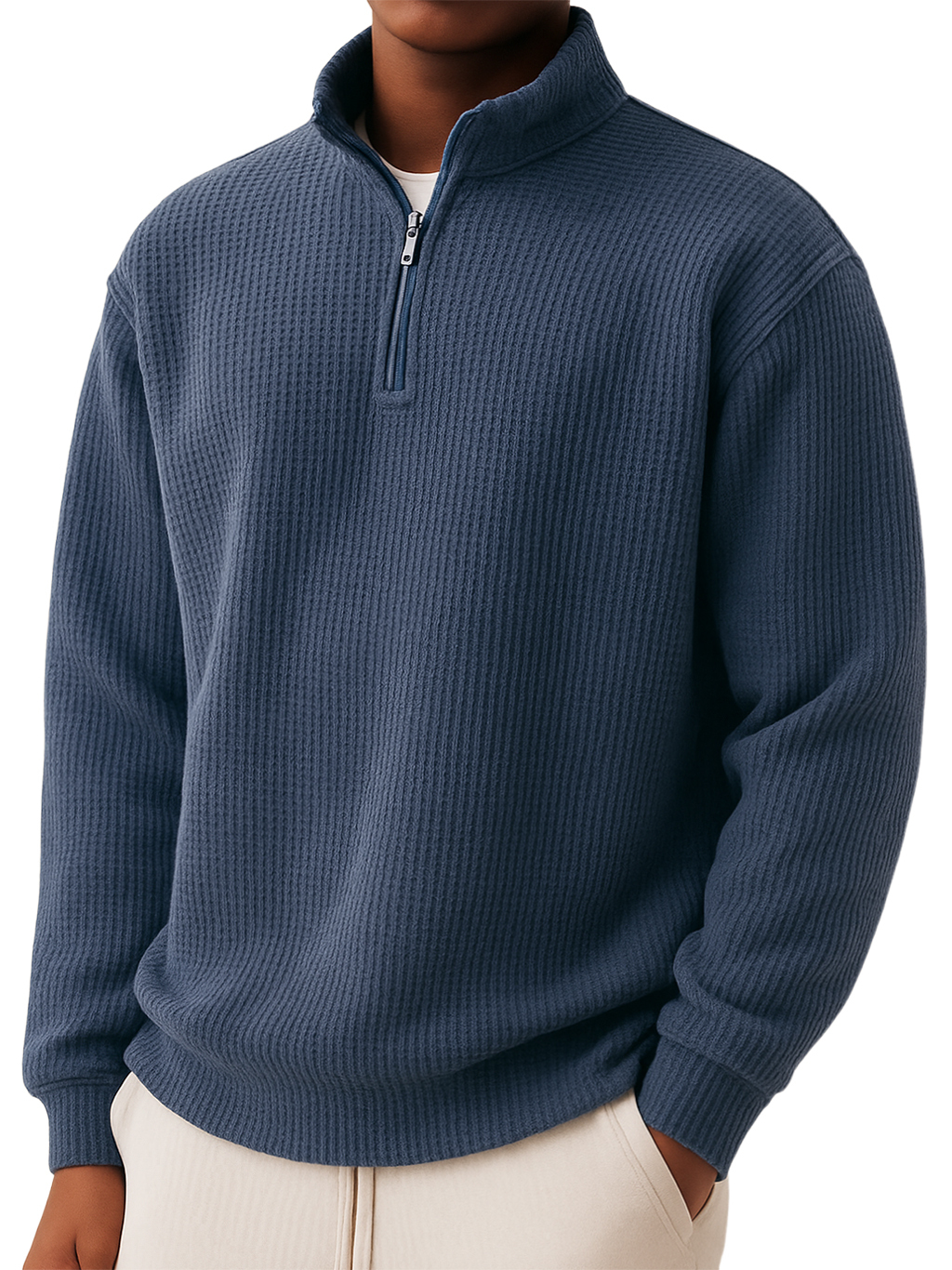 Men's Casual Simple Waffle Quarter Zip Long Sleeved T-shirt.