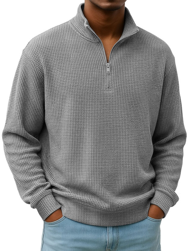 Simple Everyday Waffle Stand-up Collar Zipper Casual Long-sleeved T-shirt