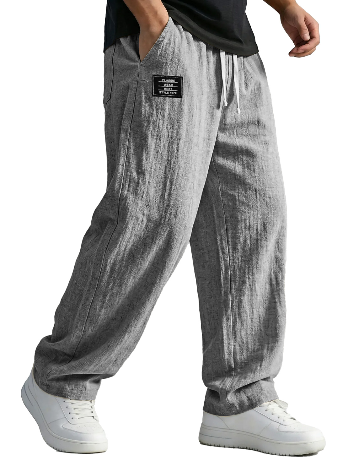 Men's Simple Cotton And Linen Trousers With Embroidered Logo, Casual And Comfortable