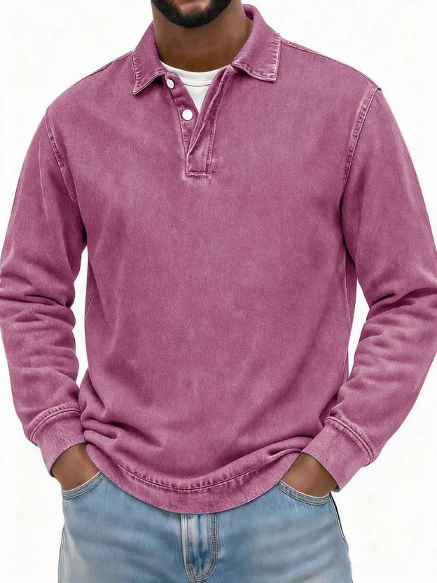 Men's Stylish Vintage Washed And Distressed Fabric Long-sleeved Polo Shirt With A Double-layer Placket And A Design Lapel 