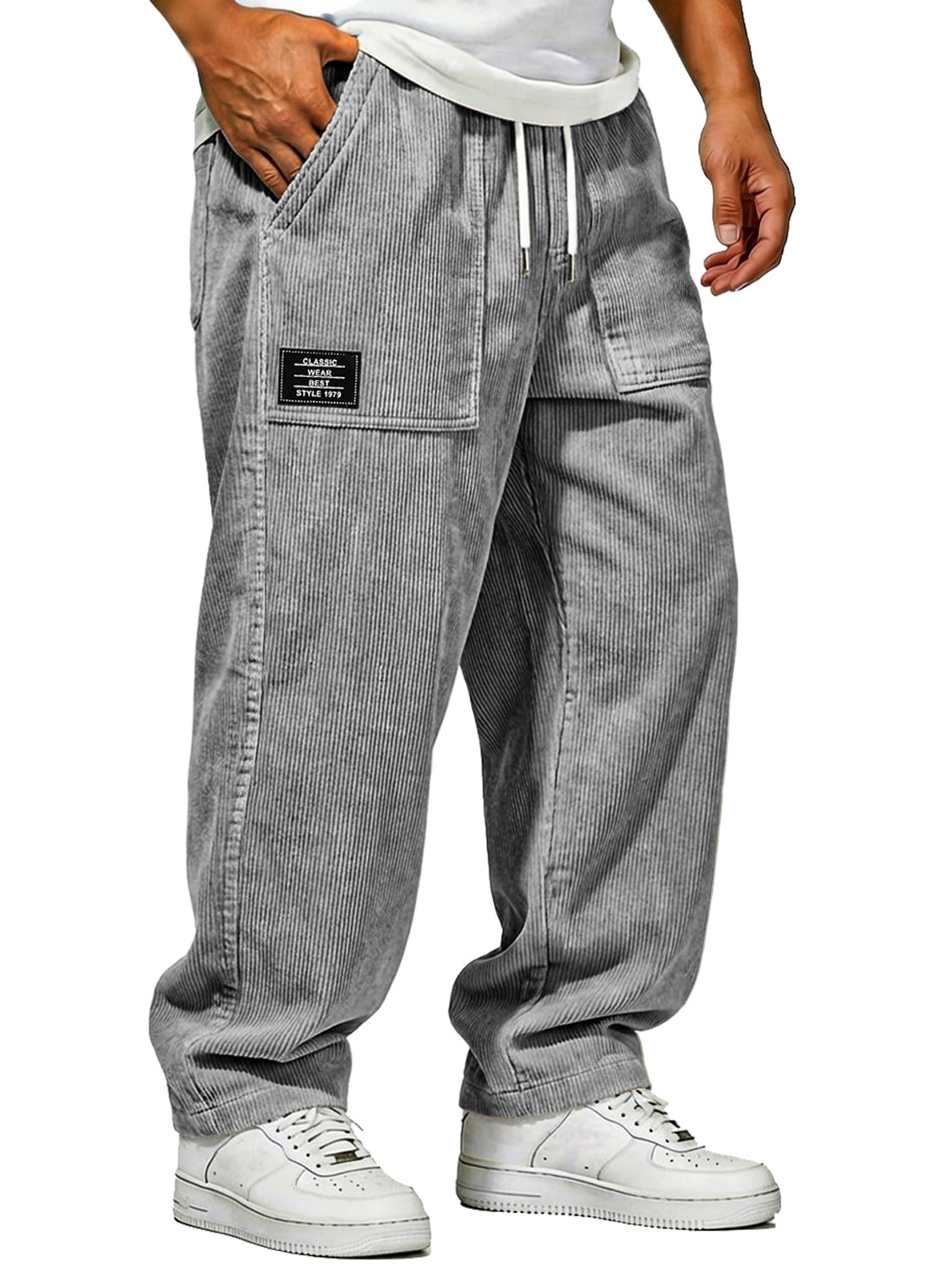 Men's Vintage Corduroy Trousers With Patch Pockets And Embroidered Logo