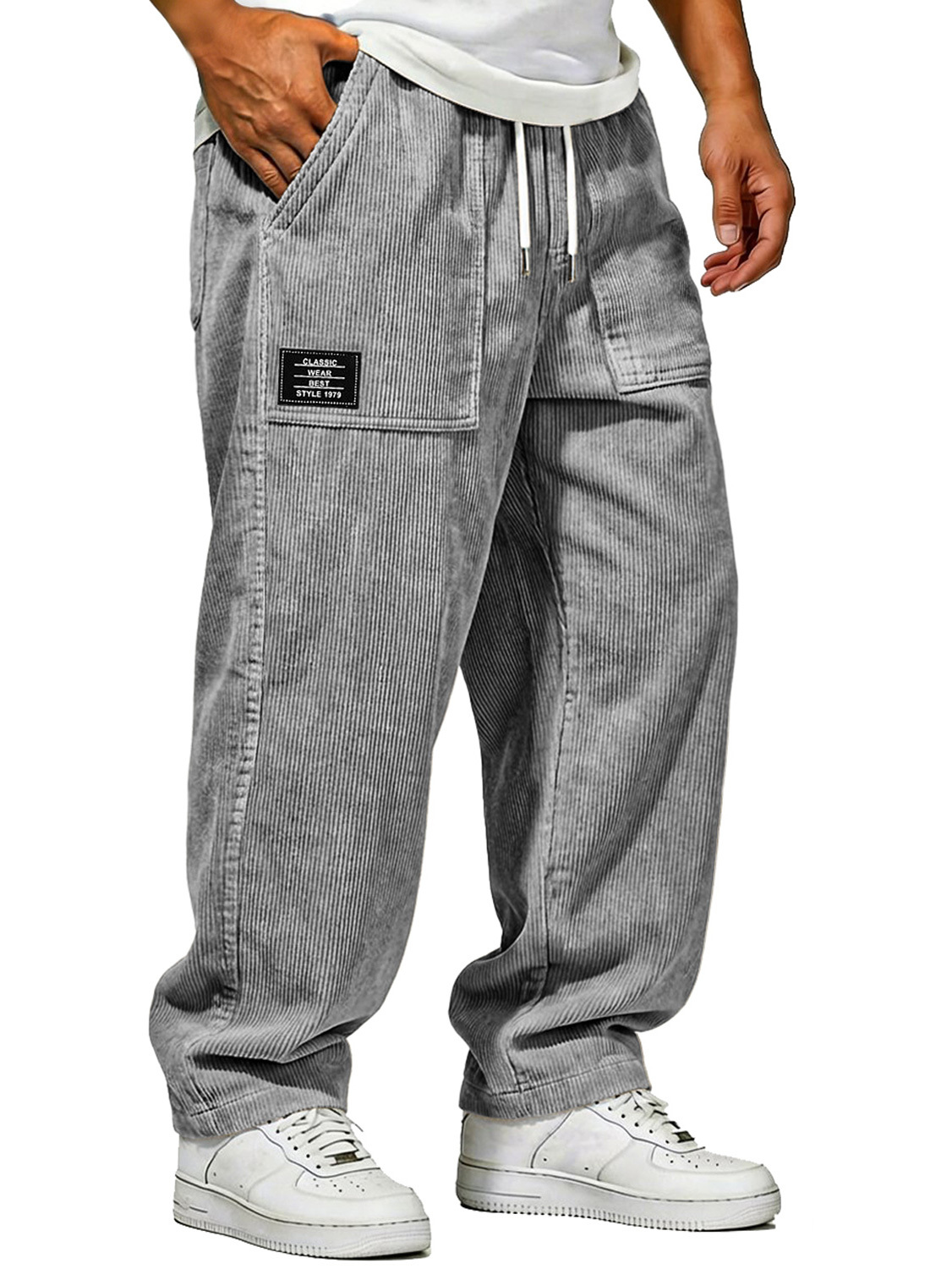 Men's Vintage Corduroy Trousers With Patch Pockets And Embroidered Logo