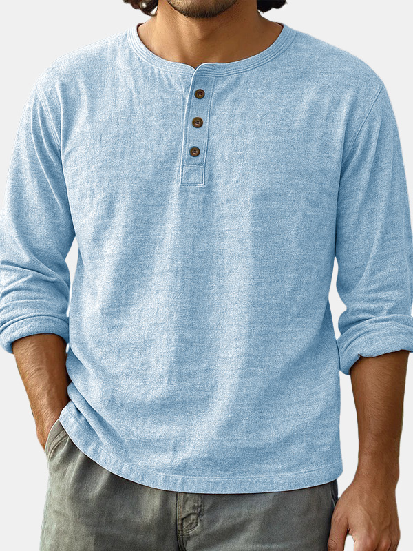  Men's Fashion Casual Limna Fabric Long-sleeved Henley Shirt