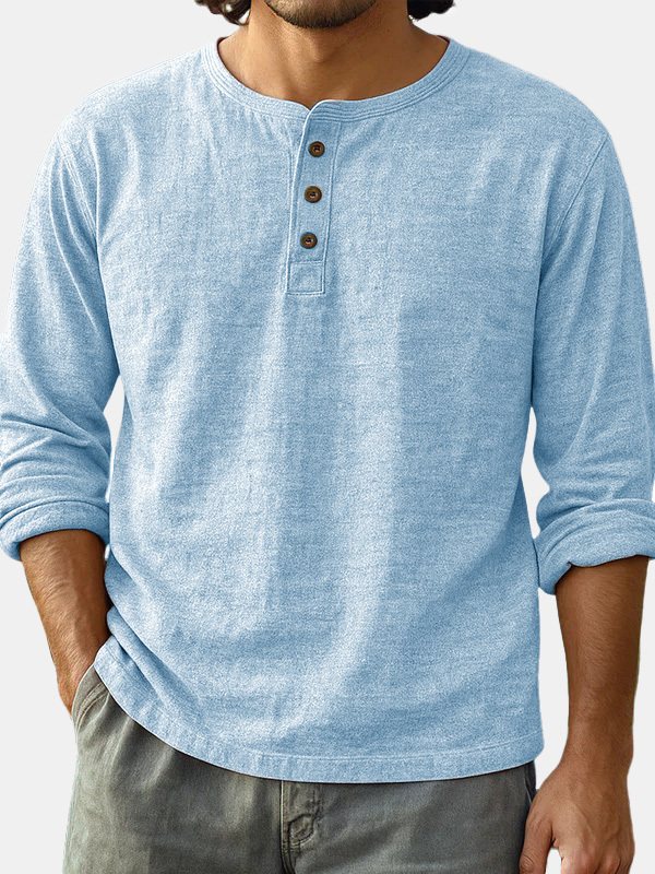  Men's Fashion Casual Limna Fabric Long-sleeved Henley Shirt