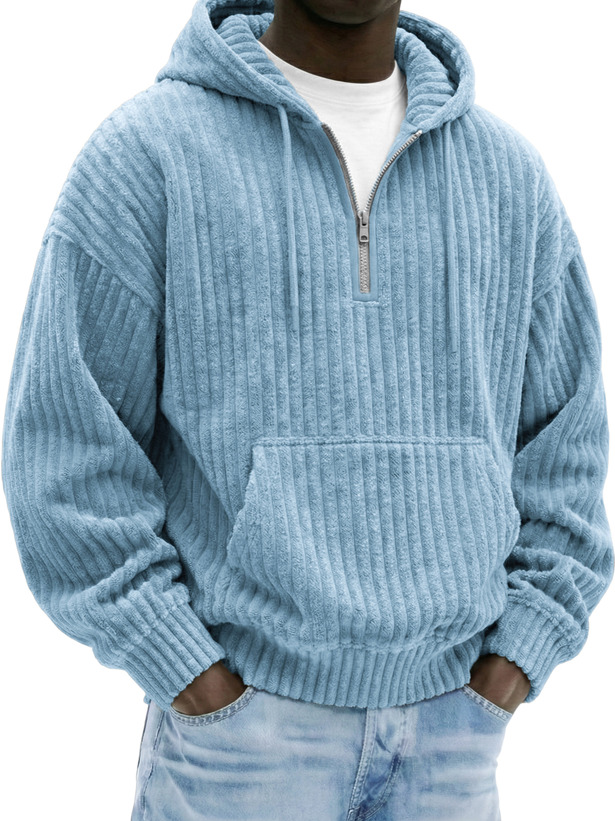 Men's Vintage Comfort Corduroy Textured Half-zip Hooded Sweatshirt