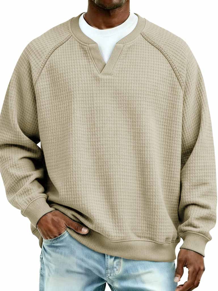 Men's Fashion Waffle Fabric Raglan V-Neck Faux Two-Piece Long-Sleeve T-Shirt