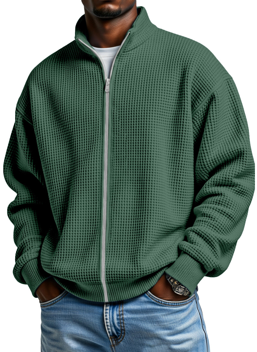 Men's Simple Solid Color Waffle Stand Collar Zipper Jacket