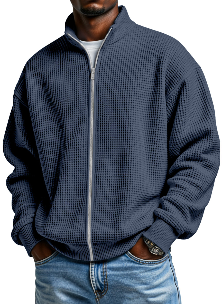 Men's Simple Solid Color Waffle Stand Collar Zipper Jacket