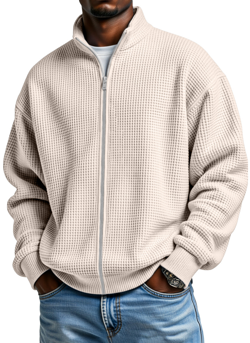 Men's Simple Solid Color Waffle Stand Collar Zipper Jacket