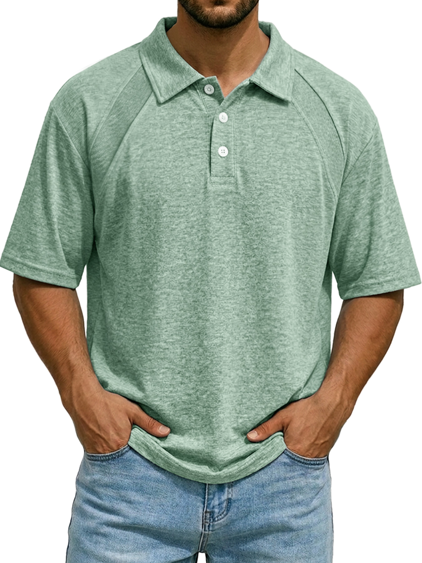 Men's Casual Raglan Polo Shirt with Turn-Down Collar and Button-Up Short Sleeve