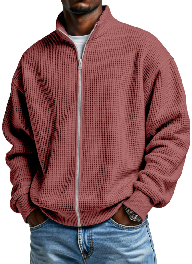 Men's Simple Solid Color Waffle Stand Collar Zipper Jacket
