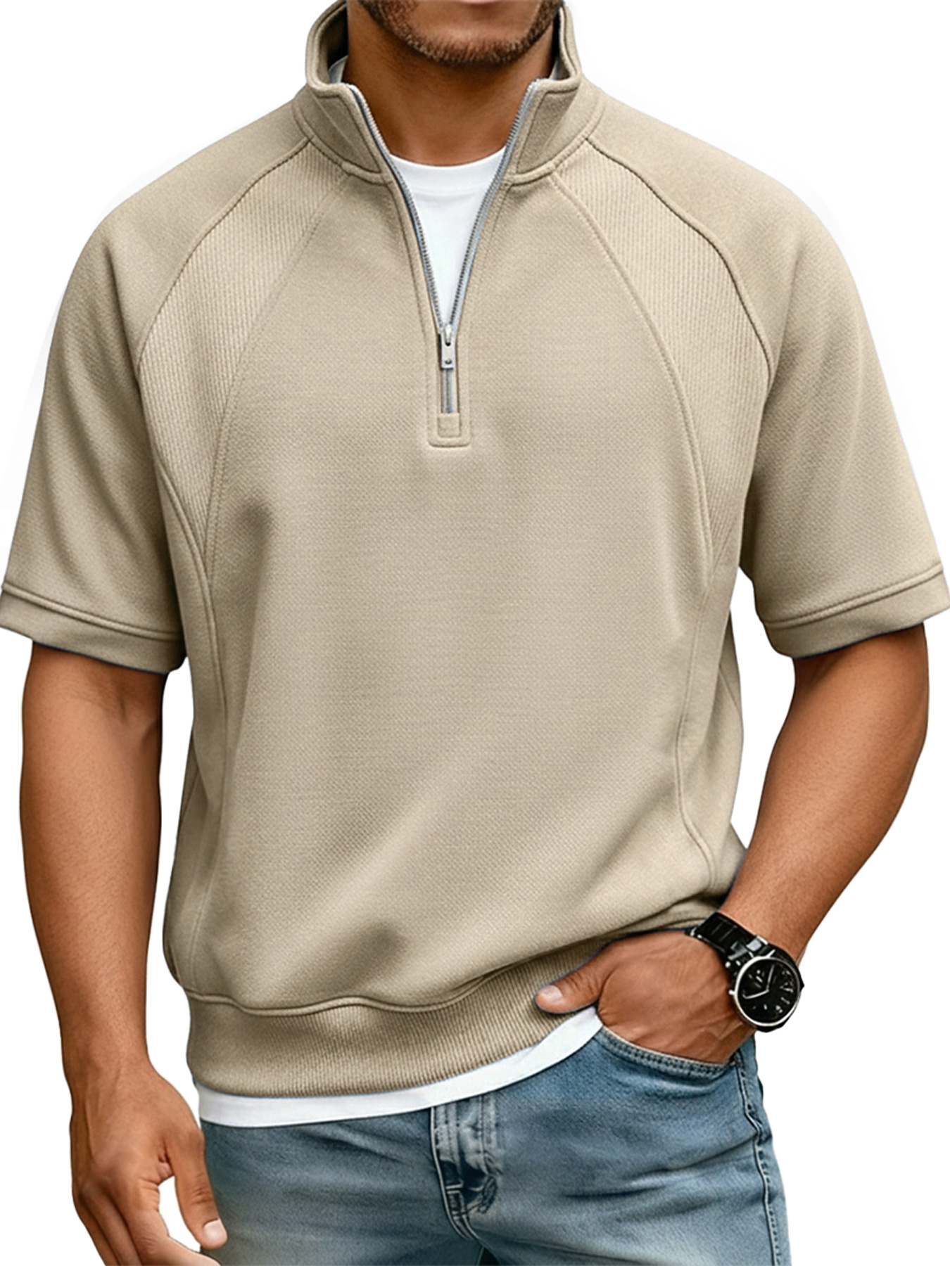 Men's Casual Deconstructed Design Stand Collar Zipper Short Sleeve T-Shirt