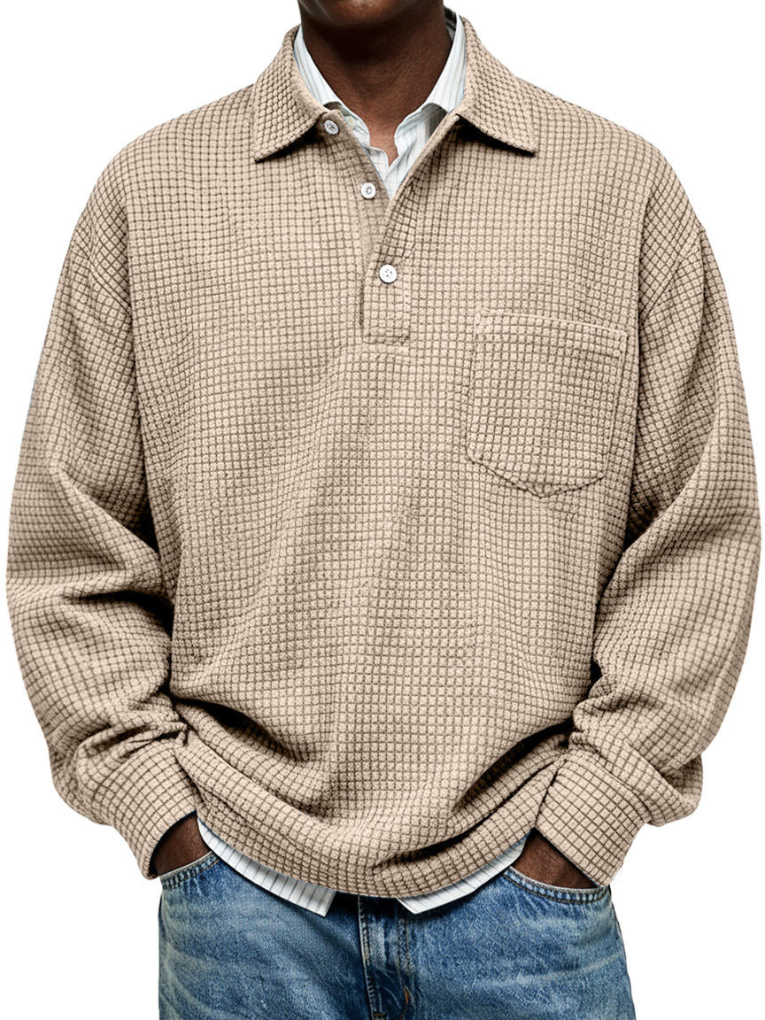 Simple Corduroy Corn Plaid Lapel Button Casual Long-sleeved Polo Shirt