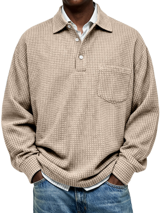 Simple Corduroy Corn Plaid Lapel Button Casual Long-sleeved Polo Shirt