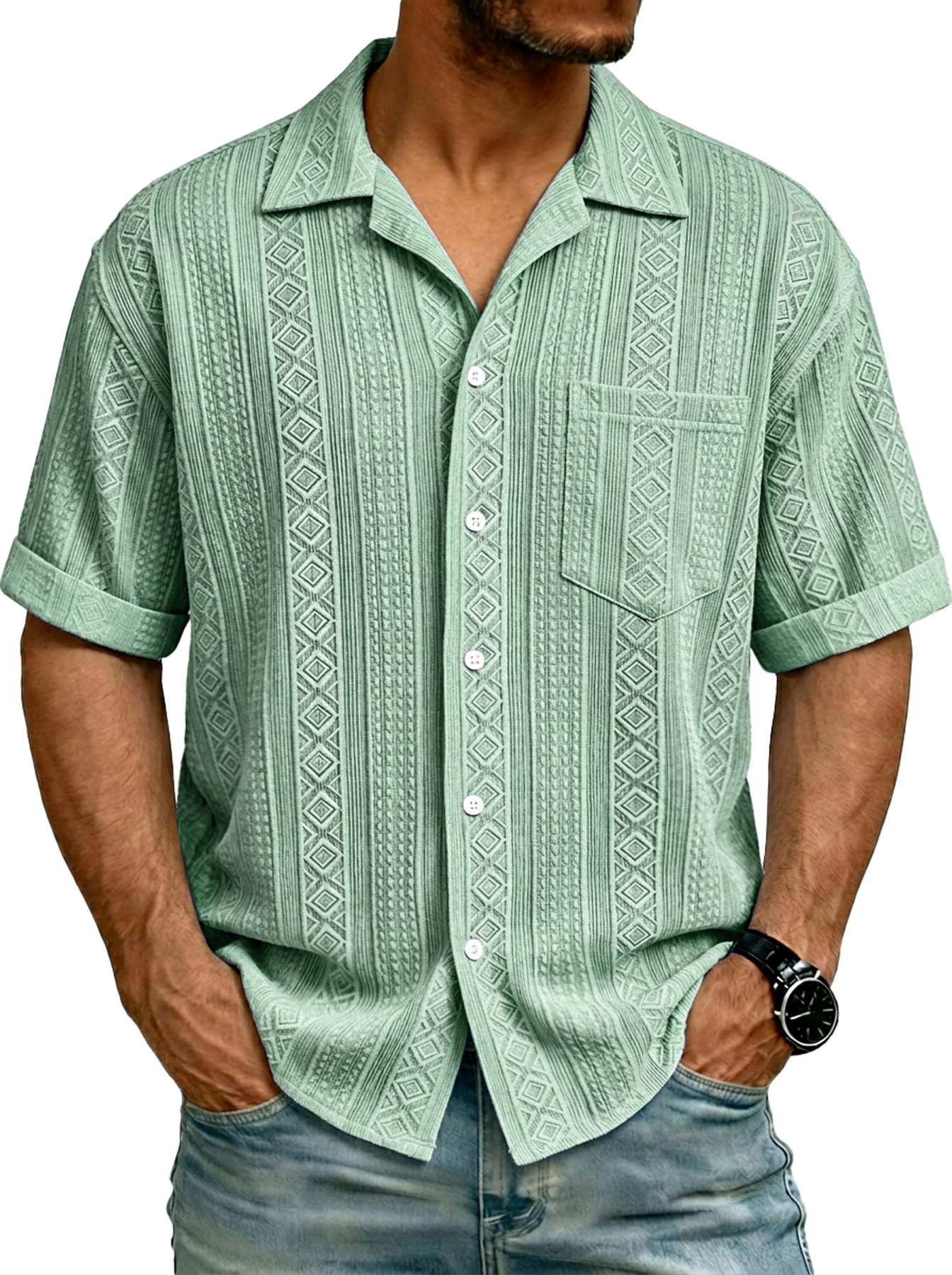 Men's Simple Textured Pocket Casual Short-Sleeve Shirt