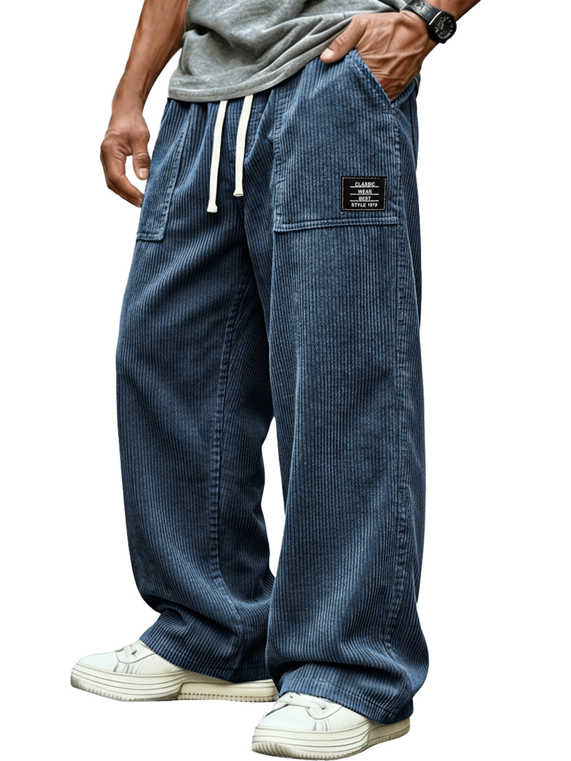 Men's Retro Corduroy Patch Pocket Embroidered Logo Casual Cargo Pants