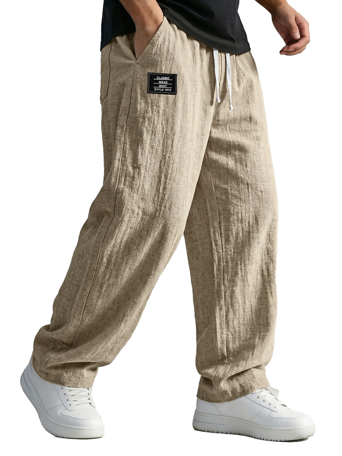 Men's Simple Cotton And Linen Trousers With Embroidered Logo, Casual And Comfortable