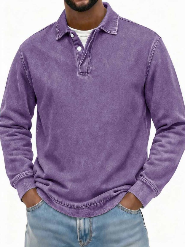 Men's Stylish Vintage Washed And Distressed Fabric Long-sleeved Polo Shirt With A Double-layer Placket And A Design Lapel 
