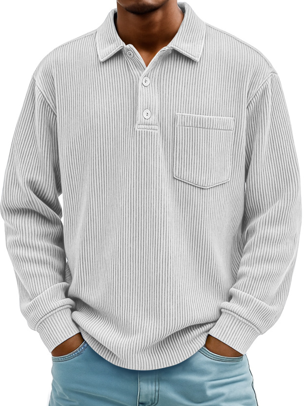 Men's Daily Ribbed Lapel Button-down Casual Pocket Long-sleeved Polo Shirt