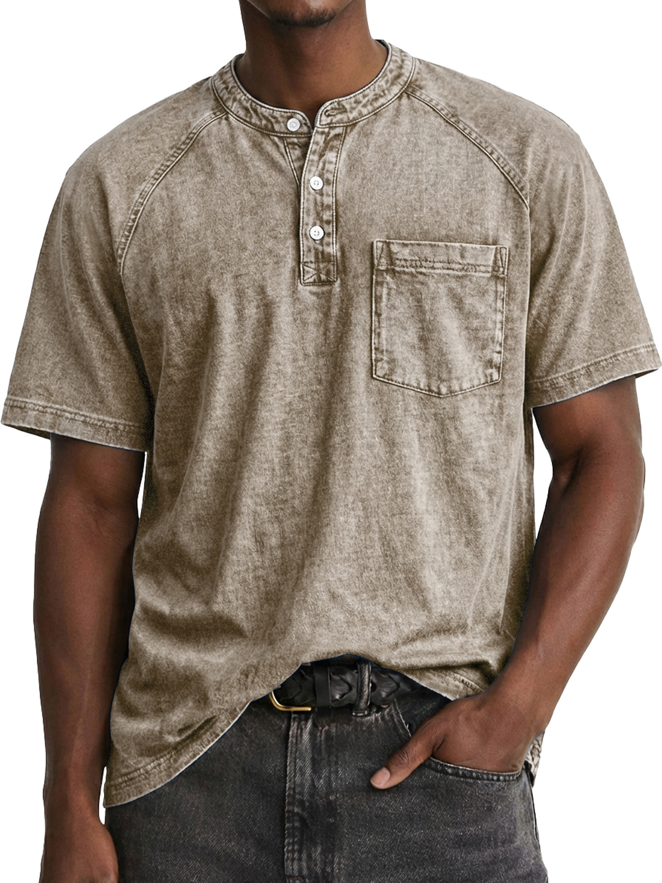Men's Retro Raglan Pocket Casual Short-Sleeve Henley Shirt