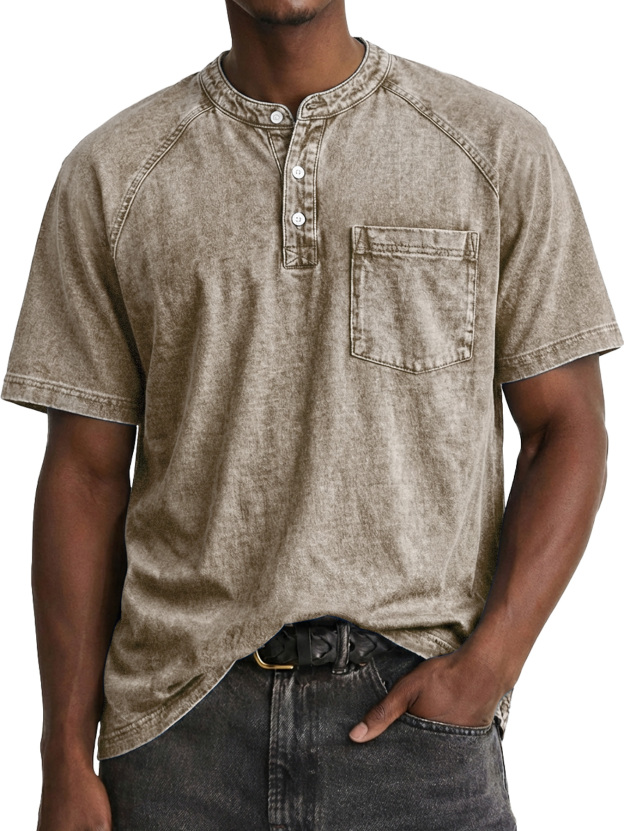 Men's Retro Raglan Pocket Casual Short-Sleeve Henley Shirt