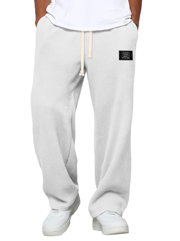 Men's Casual Waffle Embroidered Logo Simple Solid Color Trousers