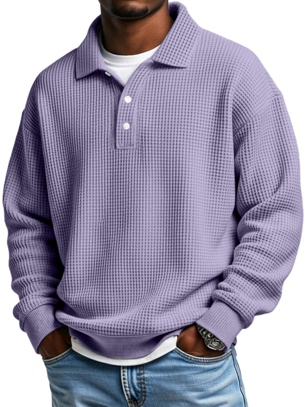 Men's Daily Loose Simple Waffle Lapel Button Long Sleeve POLO Shirt