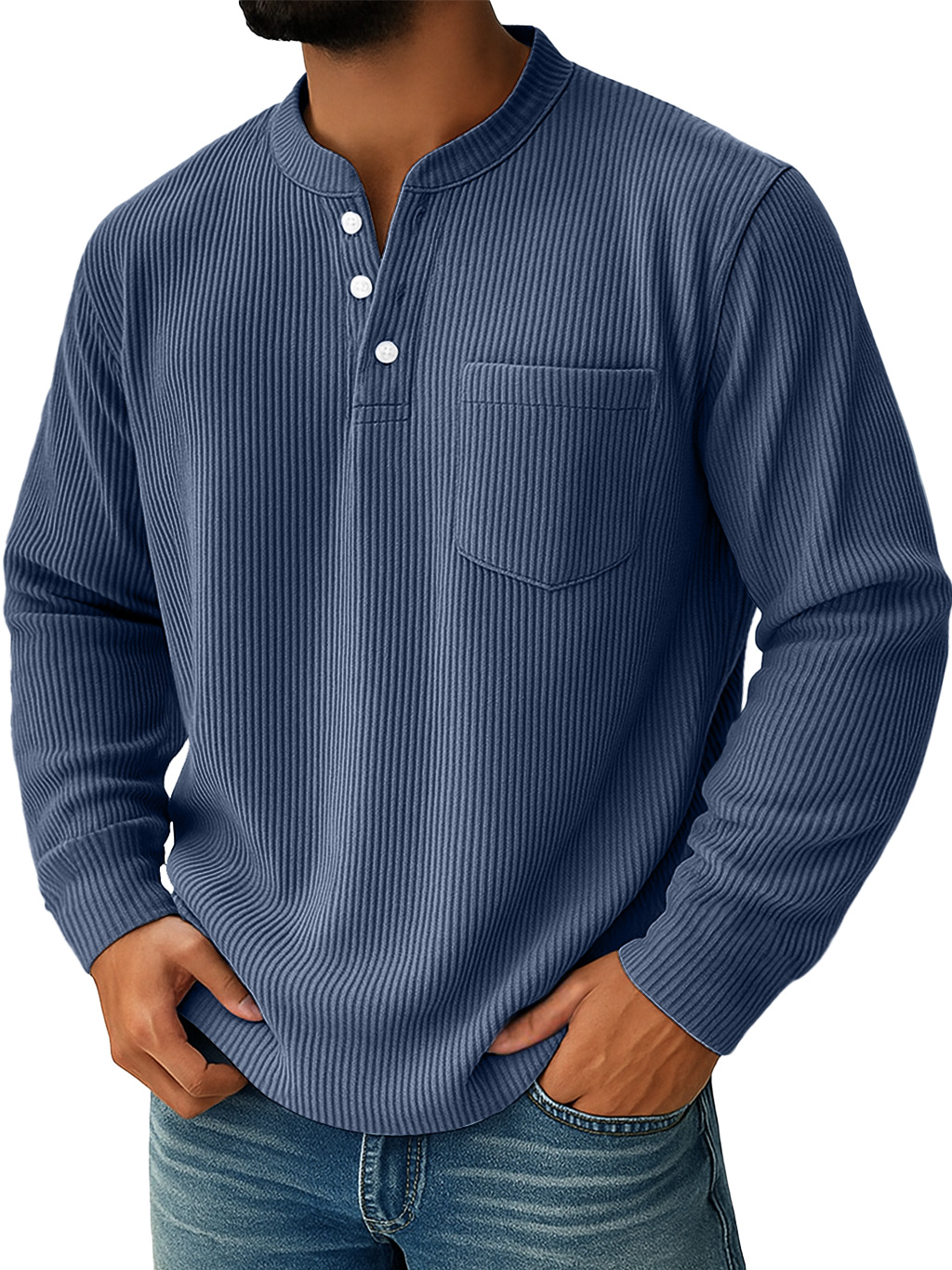 Men's Simple Everyday Ribbed Stand Collar Pocket Casual Long Sleeve Henley Shirt