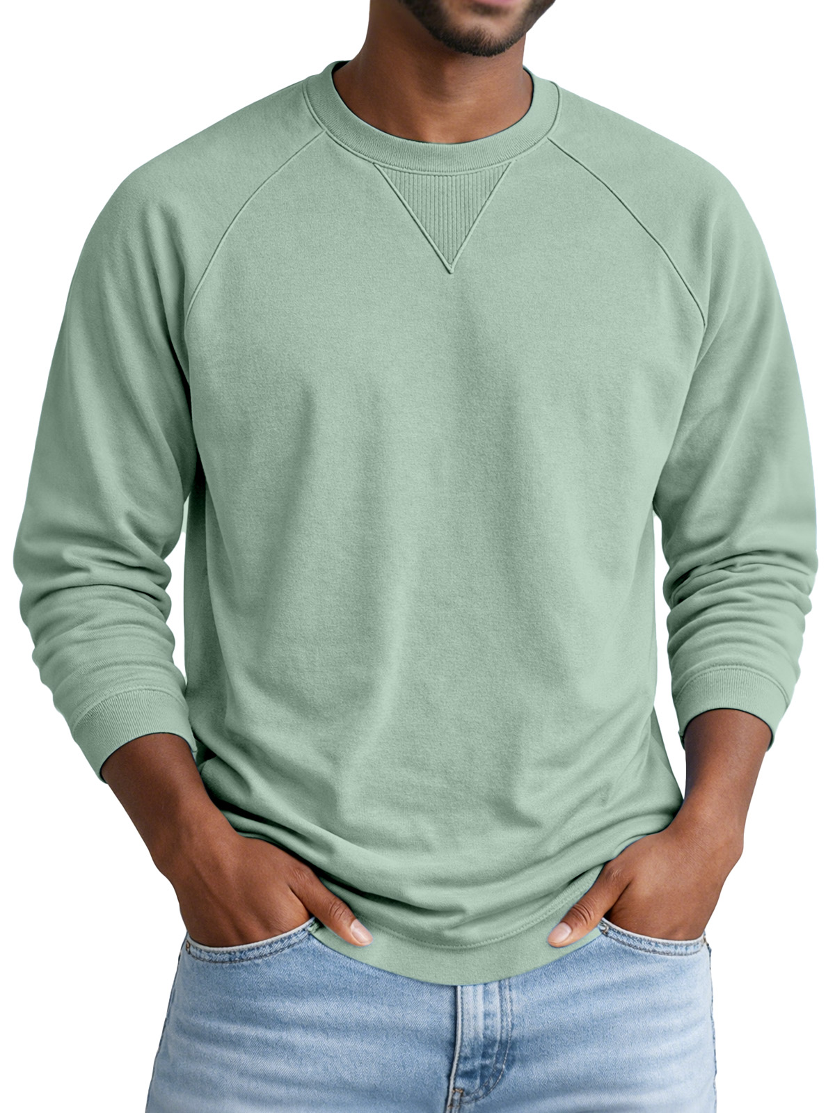 Men's Solid Color Casual Design Raglan Sleeve Crew Neck Long-sleeved T-shirt